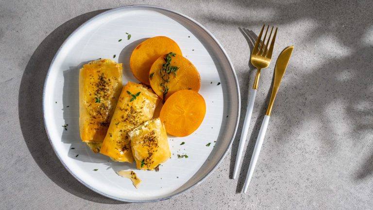 Feta parcels with thyme & caramelized persimmon